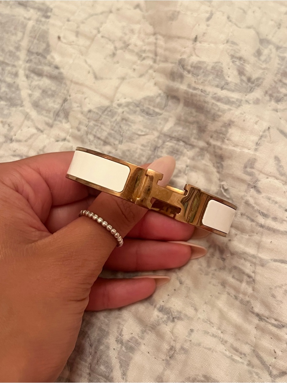 Hermes Gold and White Cuff Bracelet - Elegant Women's Jewelry